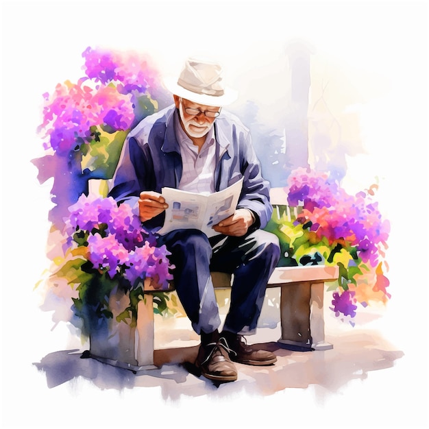 Old man reading a newspaper sitting on a bench watercolor paint