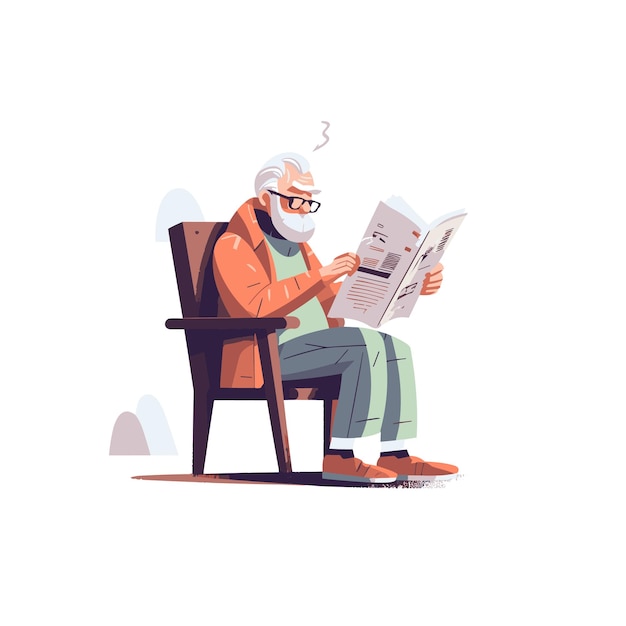 Vector old man reading a newspaper while sitting in a chair vector illustration