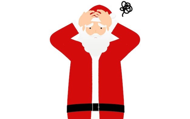 Old man in Santa Claus holding his head in worry