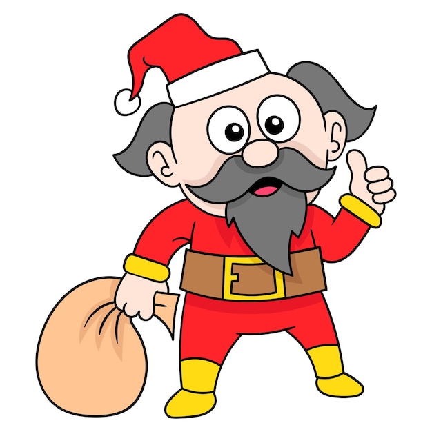 Old man santa claus is carrying a christmas gift sack vector illustration art doodle icon image kawaii