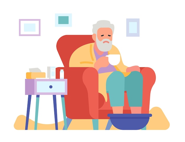 Старик болен гриппом Вирусное заболевание Старший мужчина сидит в кресле Ванна для ног Домашнее лечение Дедушка пьет горячий напиток Несчастный человек Температура и чих Векторная концепция