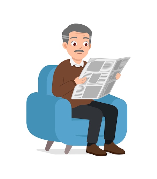 Старик сидит на диване и читает газету