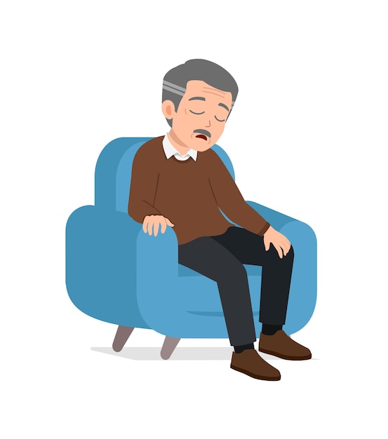 Vector old man sit on sofa and feel sleepy