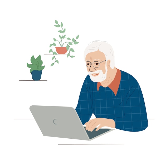 Old man sitting with a computer Elderly man stay home and have online communication