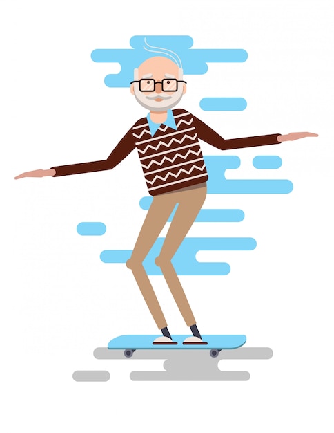 Vector old man skateboarding. the pensioner is having fun.