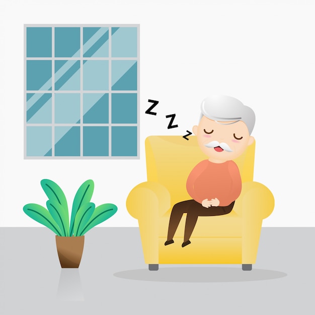 Vector old man sleeping in an armchair. cute grandpa sleeping on sofa.