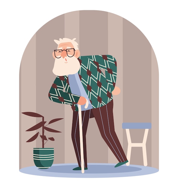 杖を持って家に立っている老人が家で時間を過ごしている年配の人間
