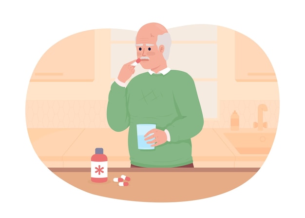 Old man taking medicine at home 2D vector isolated illustration