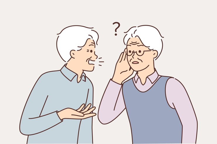 보청기가 고장난 후 귀에 손을 대고 문제가 있는 청각 장애인 친구와 이야기하는 노인