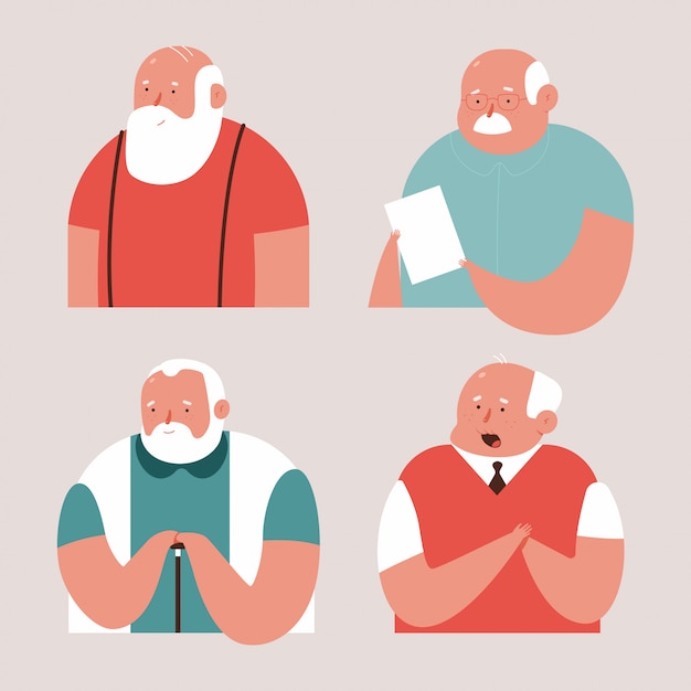 Old man vector cartoon characters set isolated.