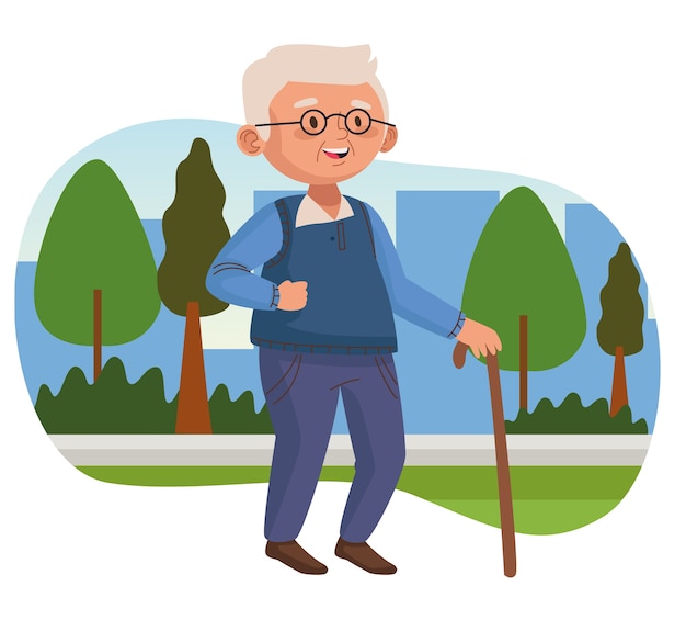 Vector old man walking with cane in the park active senior character