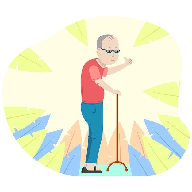 Old man walking with crook outdoor in the nature flat vector illustration