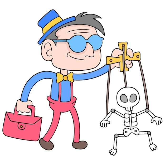 The old man was moving a marionette doll in the shape of a skull, vector illustration art. doodle icon image kawaii.