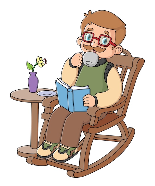 Vector an old man was relaxing sitting in a rocking chair reading a book and drinking a cup of coffee