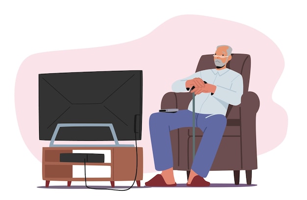 Vecchio uomo guarda la tv personaggio maschile anziano seduto su una comoda poltrona divertendosi relax nonno solitario