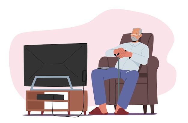 Old man watch tv senior male character sitting on comfortable armchair having fun relaxation lonely grandfather