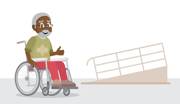 Vettore vecchio in sedia a rotelle che guida e rampa