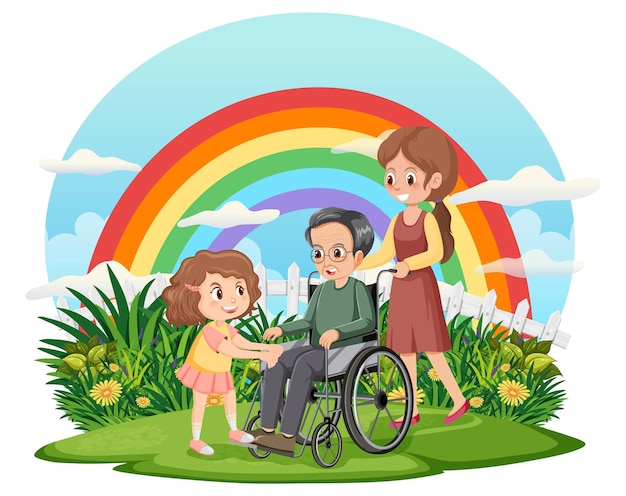 Old man in wheelchair with his daughters