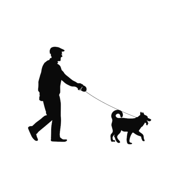 Old man with dog man together with his dog silhouette