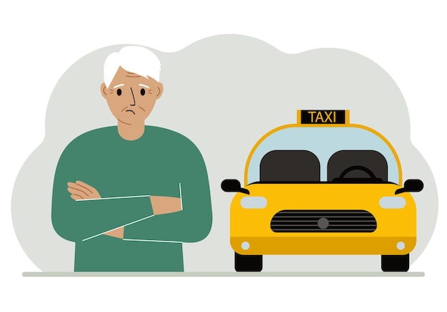 A old man with his arms crossed near a yellow taxi car Vector