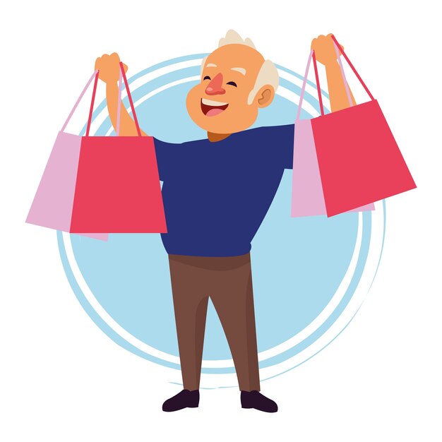 Vector old man with shopping bags active senior character.