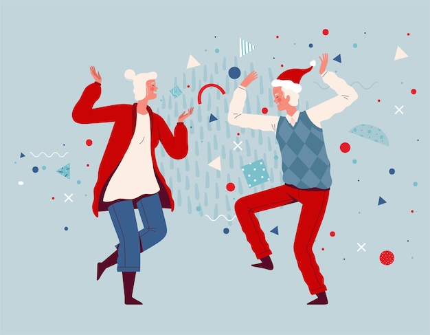 Vector old man and woman dance together and celebrate christmas and new year. joyful grandparents. cartoon flat .