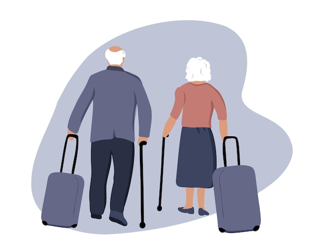 An old man and woman or an elderly refugee family, an elderly couple with suitcases are being