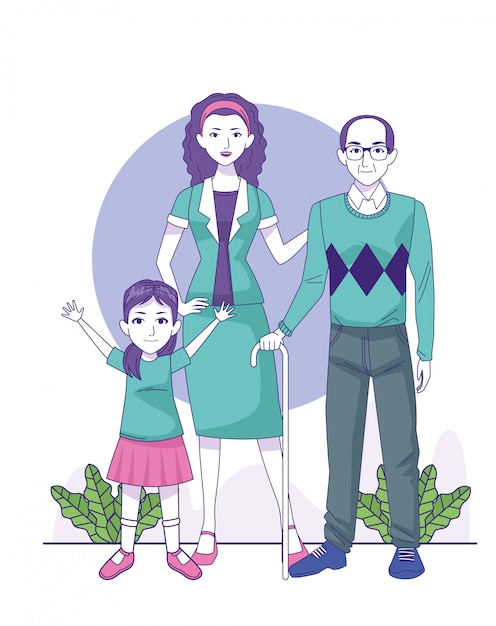 Old man, woman and little girl standing