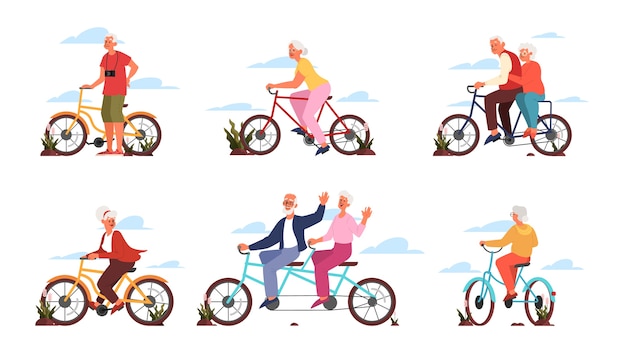 Il vecchio e la donna in sella alla loro bicicletta colorata. vita attiva all'aria aperta per le persone anziane. nonno e nonna in sella a una bicicletta. attività estiva.