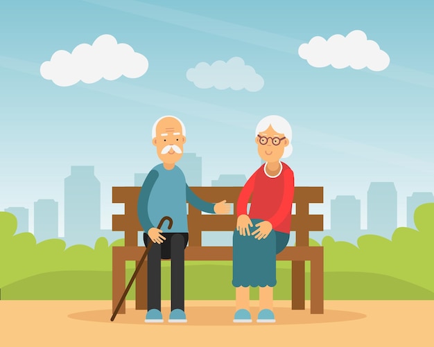 old man and woman sitting on the bench in the park vector illustration