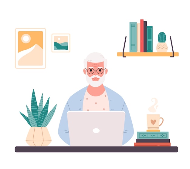 Old man working on computer at home Online education web courses remote working