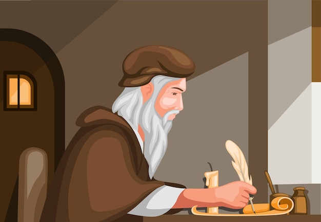 Old man writing with feather pen scroll paper, biography history scene