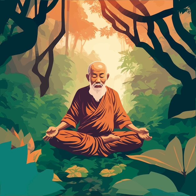 old man yogi meditating cartoon illustration relax peace
