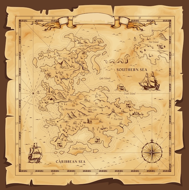 Вектор Старая карта, вектор изношенный пергамент с карибским и южным морем, кораблями, островами и сушей