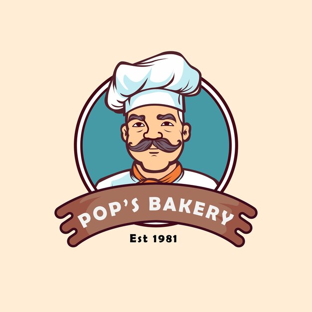 old master chef with mustache cartoon mascot. cooking hat minimal logo design vector hipster, bakery,