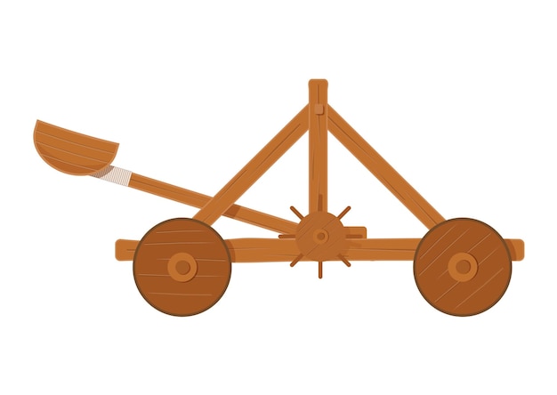 Old medieval wooden catapult shooting stones vector illustration isolated on a white background