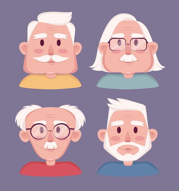 Vector old men cartoon faces with moustache and beard collection