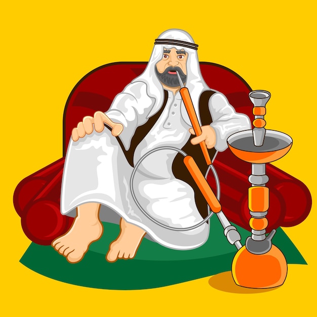 Vector an old middle eastern man smoking a hookah in a bar