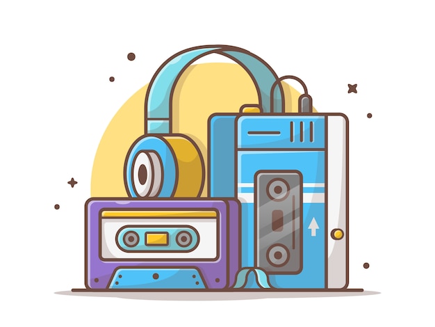 Vector old music player with cassette and headphone music vector icon illustration. retro and vintage player. technology and music icon concept white isolated