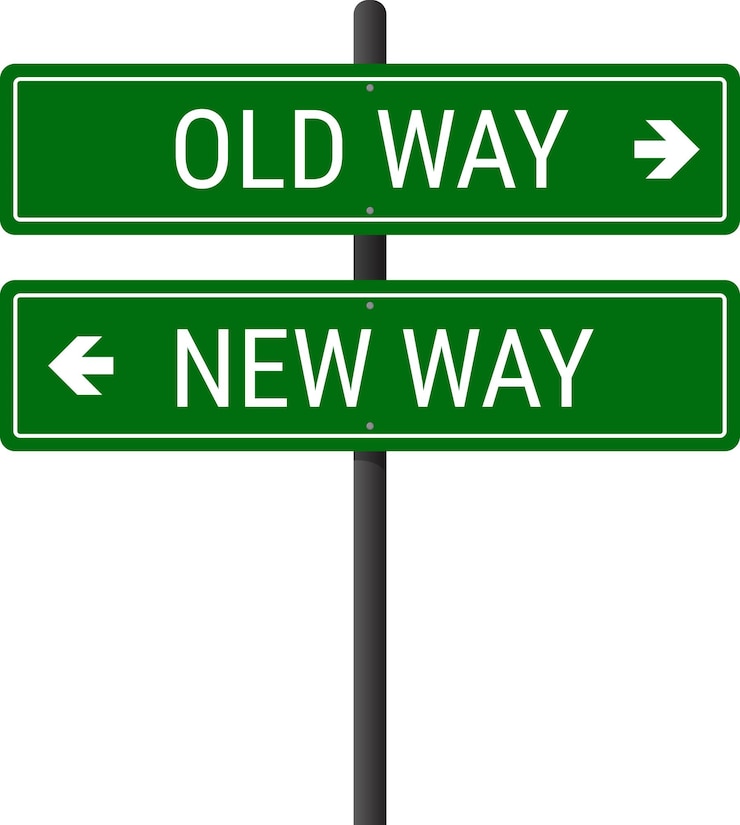 Vector old and new way green road sign dual arrow intersection sign illustration on transparent background