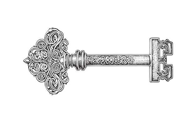 Old ornated forged door key etched outlined drawing in vintage style Isolated on white background Vector cartoon illustration