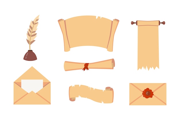 Old paper scroll set. retro document script with copyspace. vintage blank and letter illustrations.