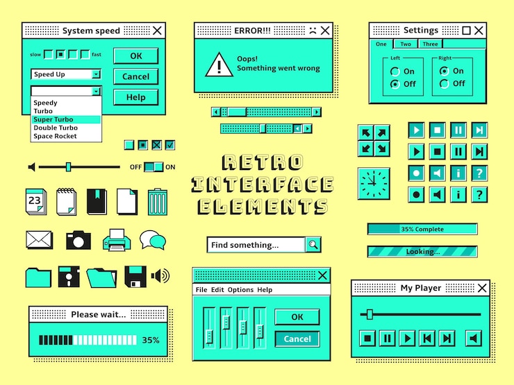 Vector old pc elements 1990s technology computer graphics interface console vintage internet bar style retro 80s trendy geek web window tidy vector design