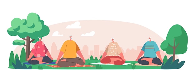 Anziani attività, pensionamento, sport. gruppo di personaggi per adulti anziani che fanno yoga nel parco cittadino, praticano la meditazione sugli anziani sul tappetino, esercizi, uno stile di vita sano e attivo. illustrazione vettoriale dei cartoni animati