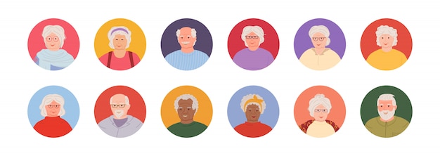 Old people avatar cartoon style set. Multi nationality elderly faces man and woman collection