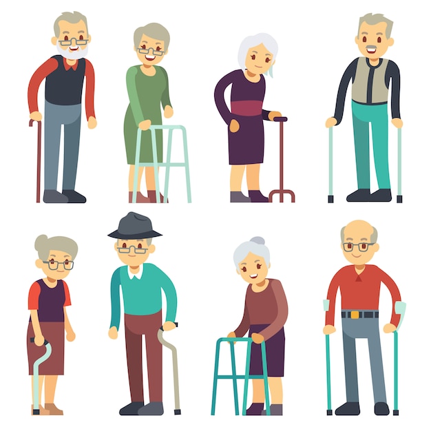 Old people cartoon vector characters set. senior man and woman couples collection. senior people grandmother and grandfather pensioner illustration