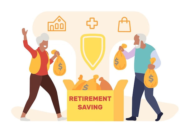 Vector old people collecting retirement savings elderly couple puts money bags in box pension fund banking deposit pensioners cash investment senior man and woman wealth vector concept