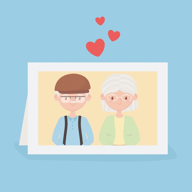 노인, 사진 프레임에 귀여운 커플 조부모