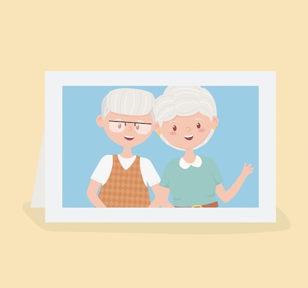 Old people, cute couple grandparents in photo frame