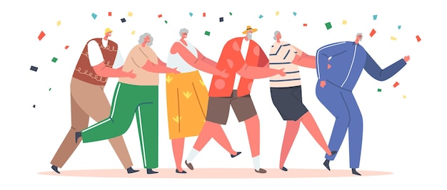 Vector old people dance conga stand in line with confetti falling down active elderly men and women grandfather and grandmothers characters party leisure concept cartoon people vector illustration